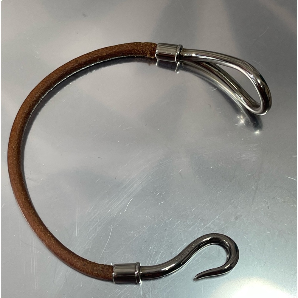 HERMES silver hook bracelet / choker EUC brown leather